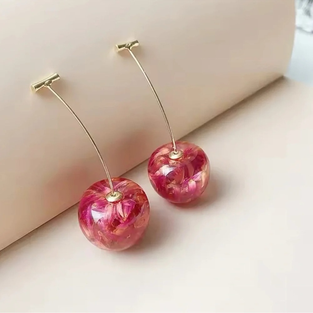 Pink Cherry Gold Drop Earrings - Picture 4 of 10